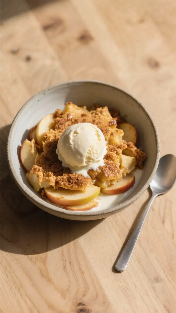 Final dish presentation: Overhead, top view of a warm bowl of Apple Spoon-up freshly spooned, topped