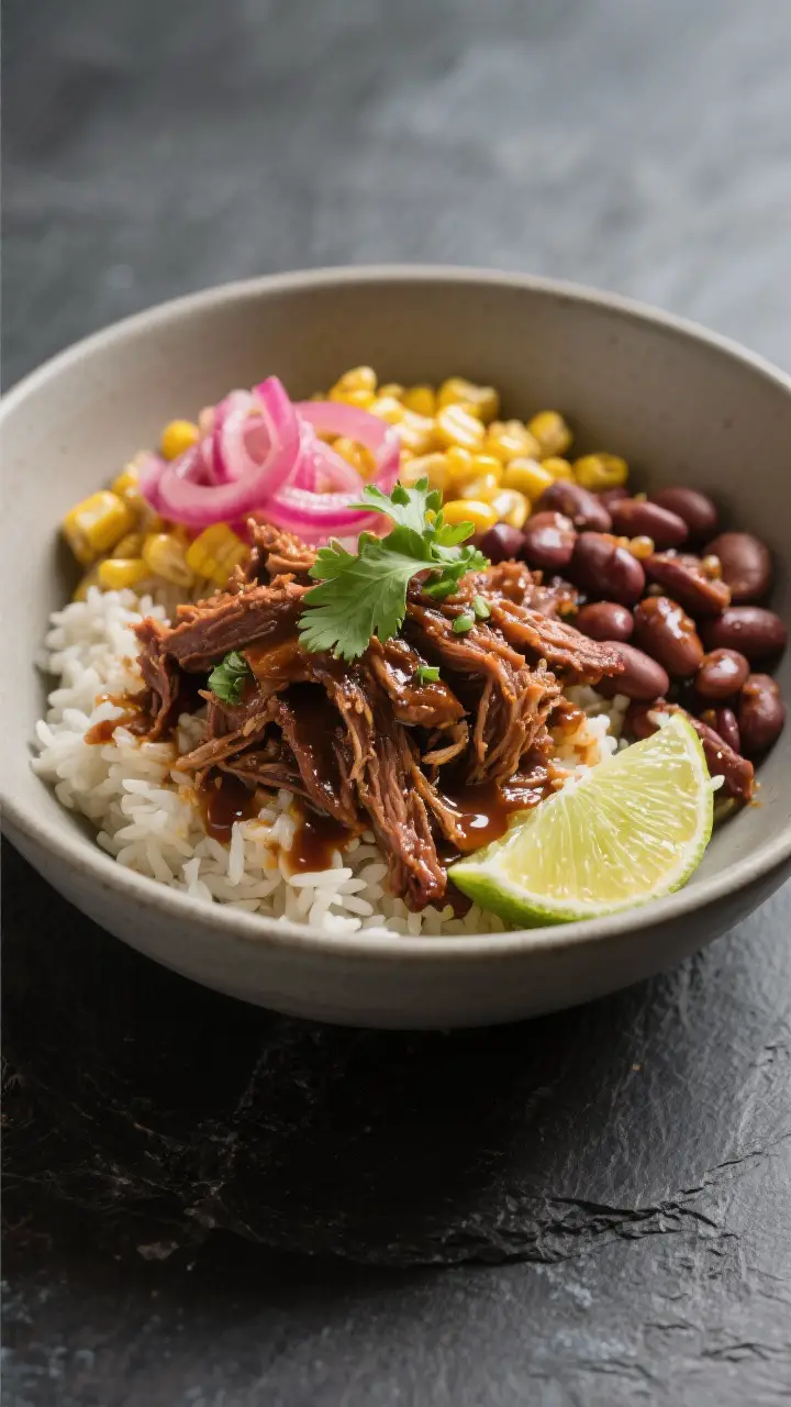Final dish presentation: Restaurant-quality barbacoa bowl—fluffy Mexican rice base topped with glo