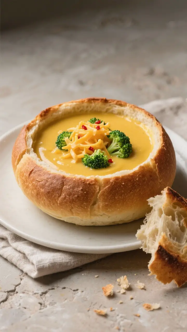 Final dish presentation: Restaurant-quality bowl of Panera-style broccoli cheese soup served in a wa