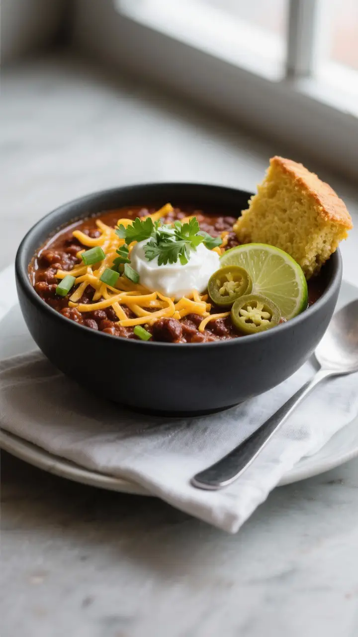 Final dish presentation: Restaurant-quality bowl of smoked chili plated for serving—deep matte cha
