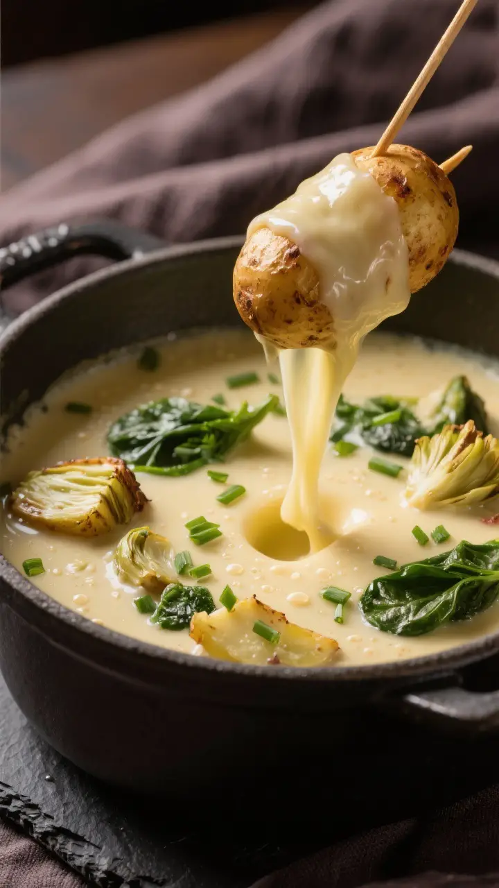 Final dish presentation: Restaurant-quality close-up of a fondue pull—skewered roasted baby potato