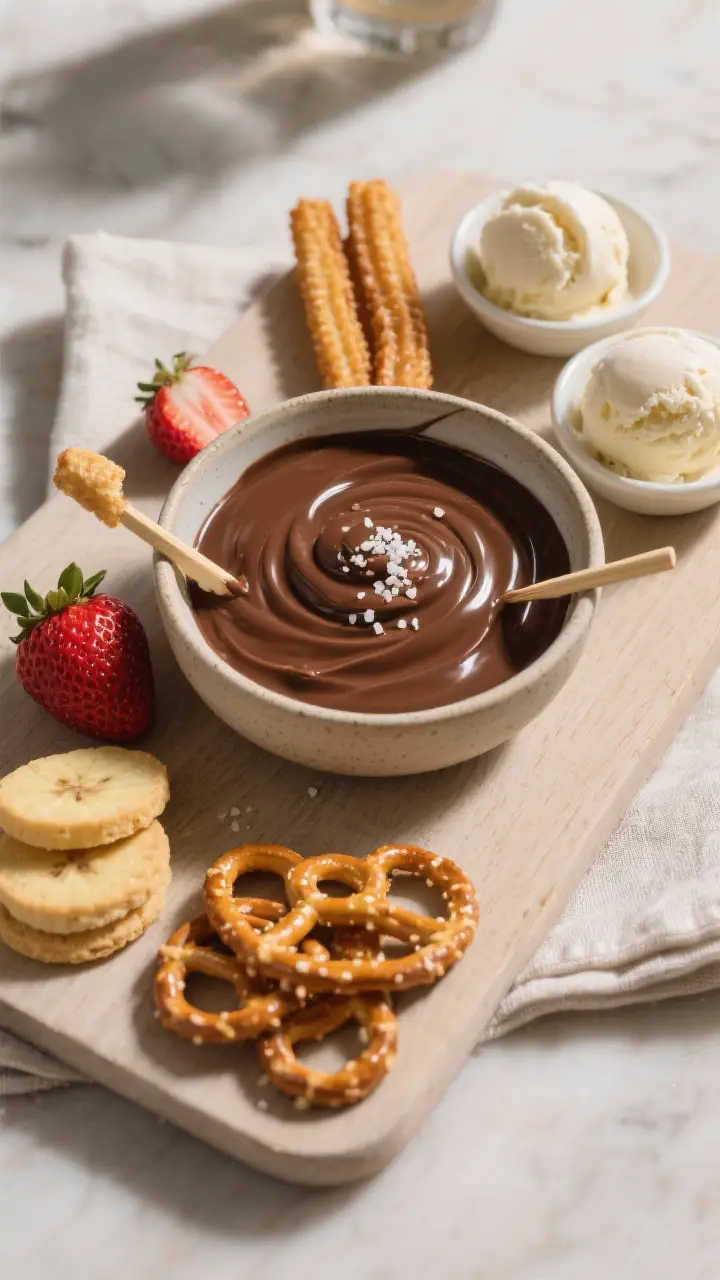 Final dish presentation: Restaurant-quality dessert board scene from a tasty top view—central bowl