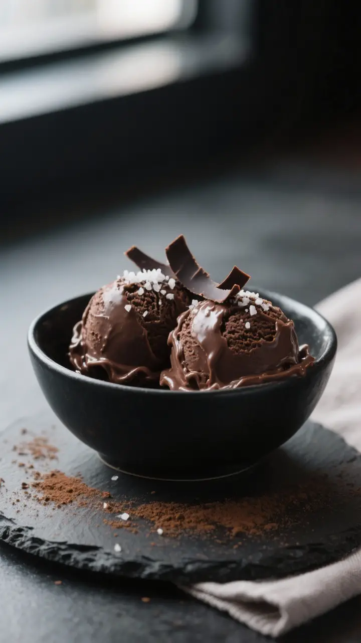 Final dish presentation: Restaurant-quality double scoop of dark chocolate ice cream in a chilled bl