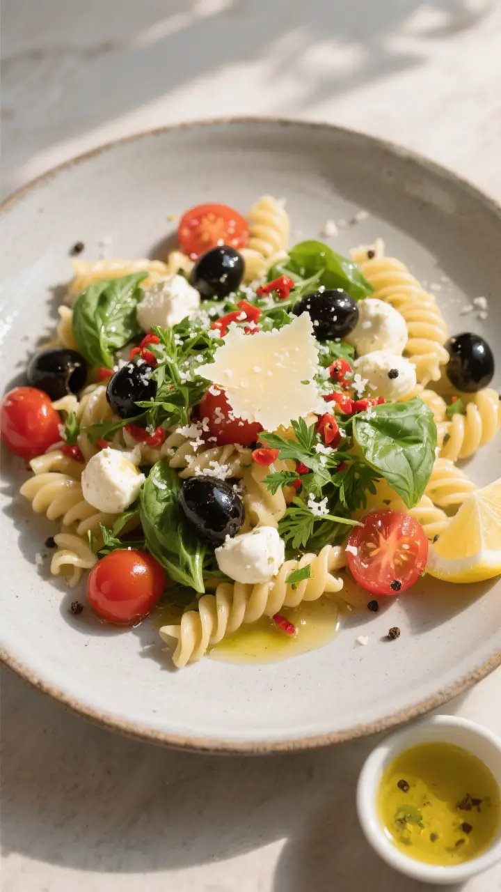 Final dish presentation: Restaurant-quality Italian pasta salad served chilled in a shallow matte st