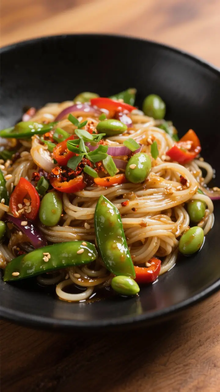 Final dish presentation: Restaurant-quality noodle bowl—stir-fried edamame, peppers, onions, and s