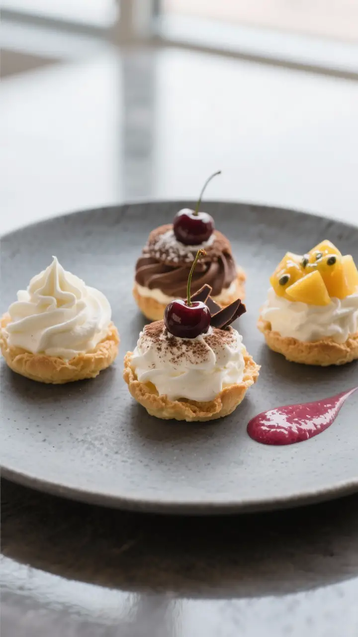 Final dish presentation: Restaurant-quality plate with a trio of mini pavlovas—one classic vanilla