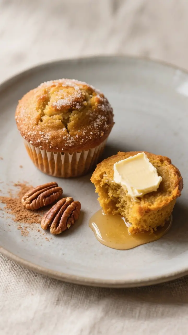 Final dish presentation: Restaurant-quality plate with two Pumpkin Honey Muffins—one whole with a 