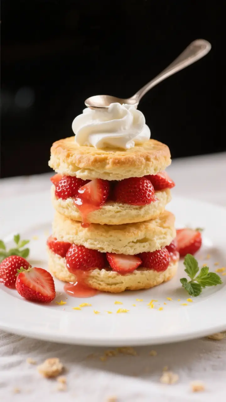 Final dish presentation: Restaurant-quality plate-up of classic strawberry shortcake—two stacked b