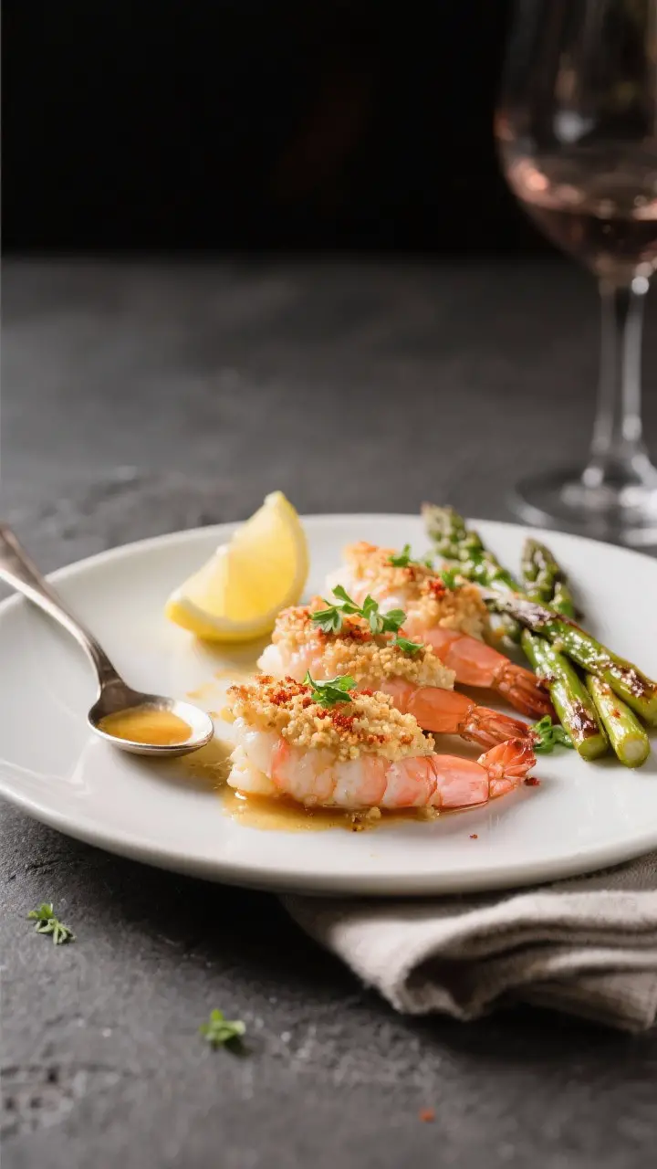 Final dish presentation: Restaurant-quality plate of baked stuffed shrimp, three pieces fanned on a 