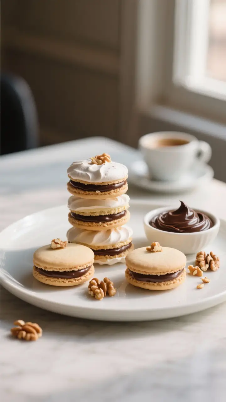 Final dish presentation: Restaurant-quality plate of Walnut Meringue Marvels stacked casually on a m