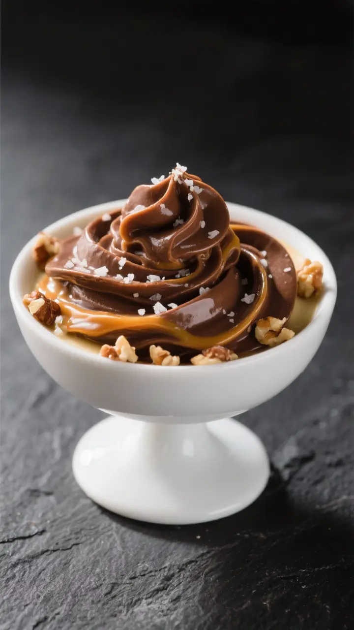 Final dish presentation: Restaurant-quality plated Chocolate Cheese Cream piped into elegant swirls 