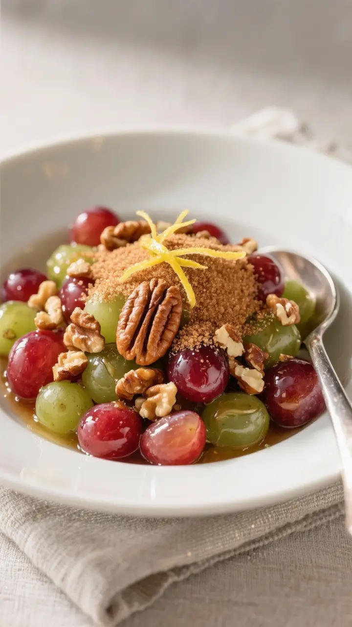 Final dish presentation: Restaurant-quality plated grape salad in a low, wide white bowl, topped wit