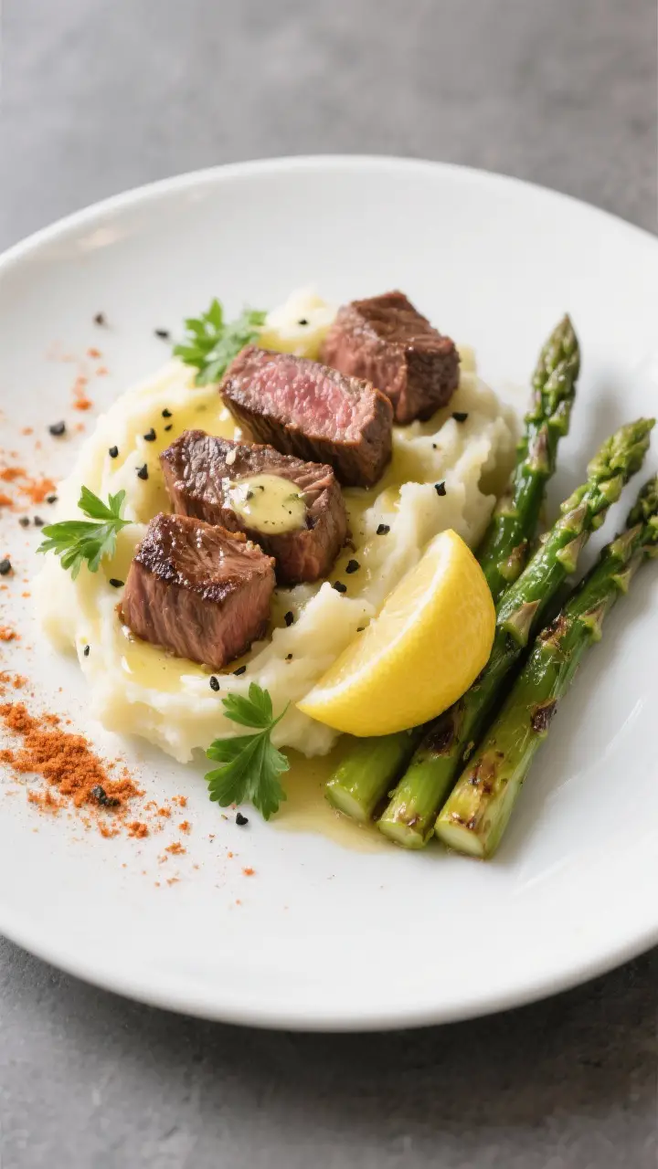 Final dish presentation: Restaurant-quality plated air fryer steak bites over creamy mashed potatoes