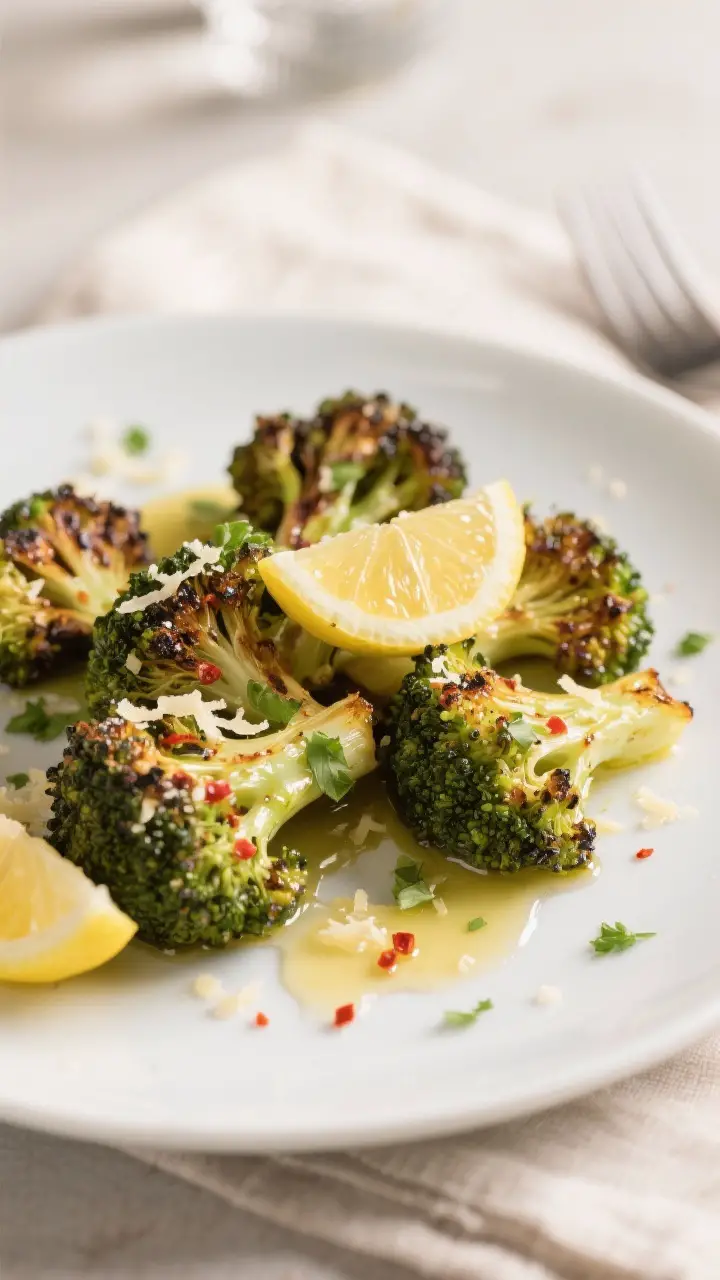 Final dish presentation: Restaurant-quality plated oven-roasted broccoli on a matte white plate, fin