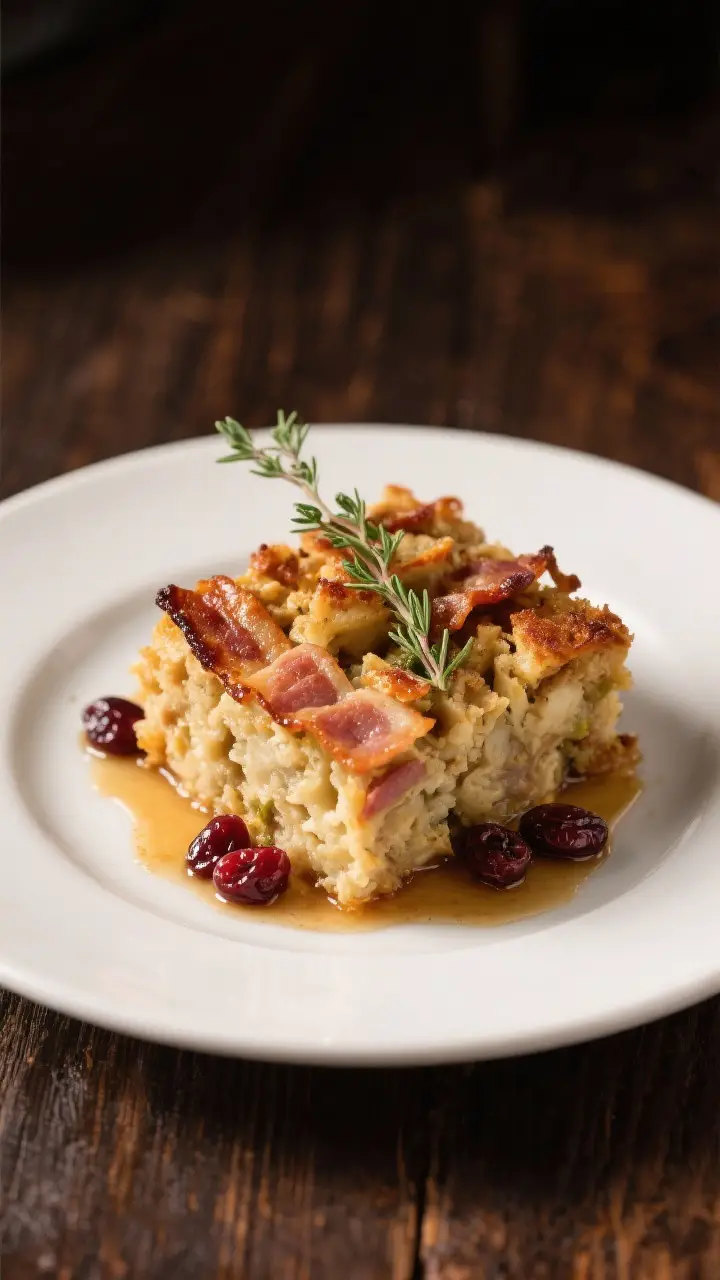 Final dish presentation: Restaurant-quality plated serving of Bacon Apple Stuffing cut into a neat s