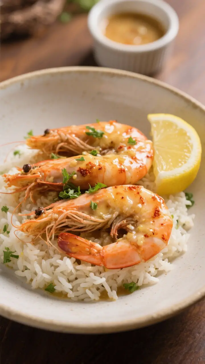 Final dish presentation: Restaurant-quality plated Hawaiian Garlic Shrimp, tails on, coated in butte