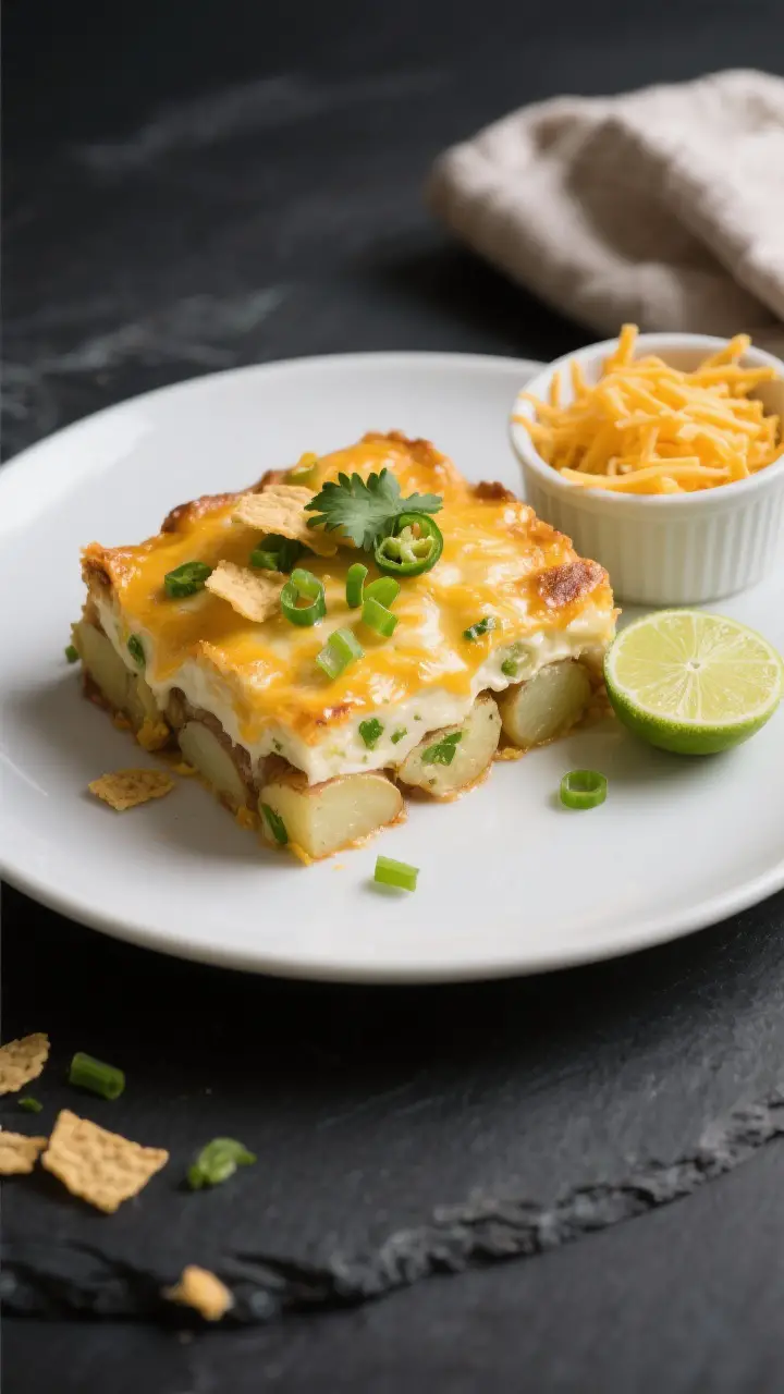 Final dish presentation: Restaurant-quality plated square of Cheesy Green Chili Potato Casserole on 