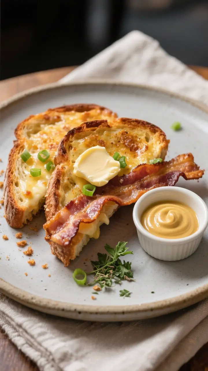 Final dish presentation: Restaurant-quality plated serving of warm bacon bread for brunch—two thic