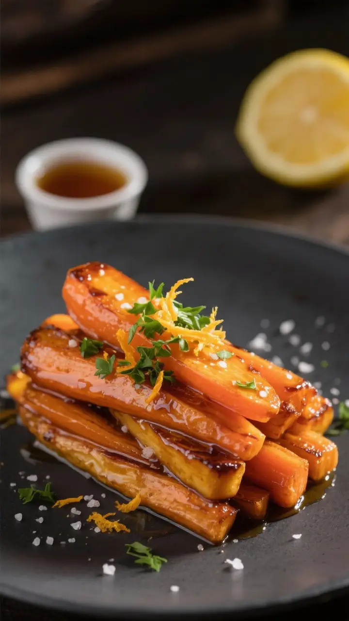 Final dish presentation: Restaurant-quality plating of sliced honey glazed carrots stacked in a loos