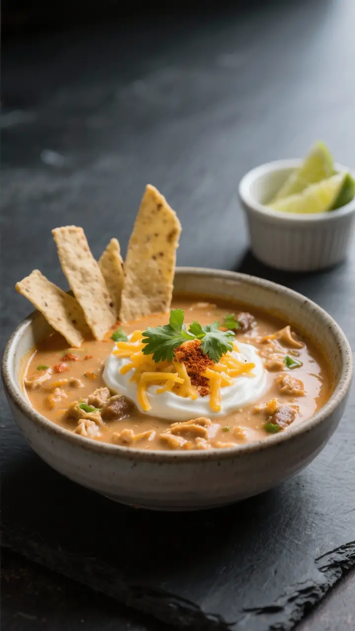 Final dish presentation: Restaurant-quality plating of a creamy variation of Chicken Taco Soup in a 