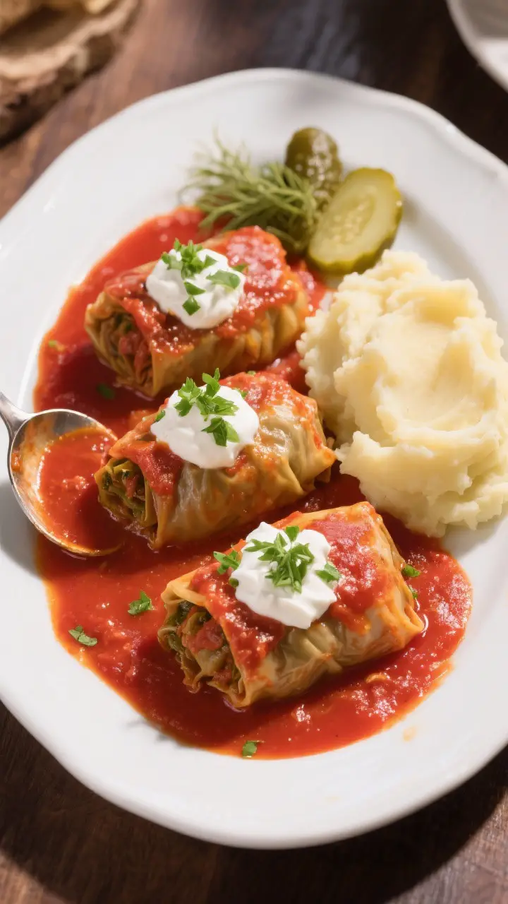 Final dish presentation: Restaurant-quality plating of three golumpki on a wide white plate, generou