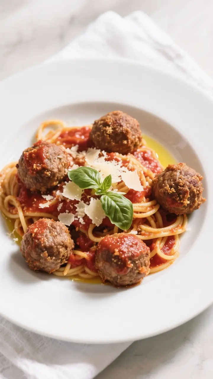 Final dish presentation: Restaurant-quality plating of Undercover Meatballs over al dente spaghetti,