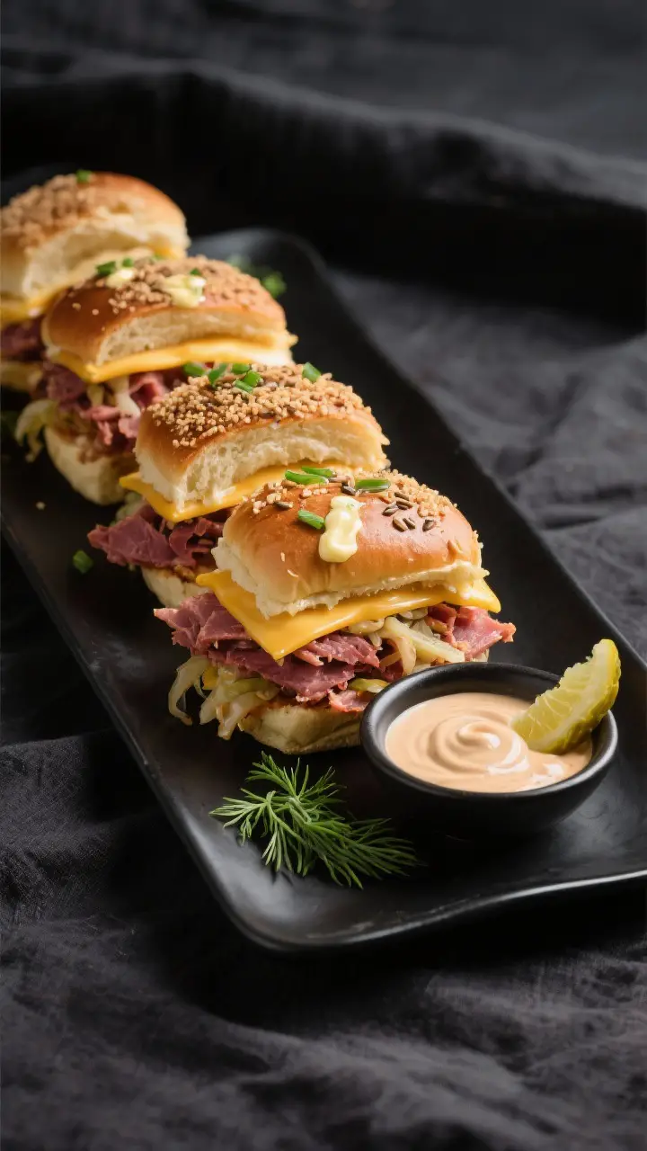 Final dish presentation: Restaurant-quality platter of Reuben-be-Quick slider rolls stacked staggere