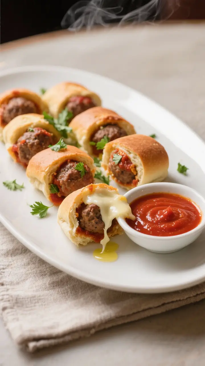 Final dish presentation: Restaurant-quality platter of Meatball Sub Bites arranged on a matte white 