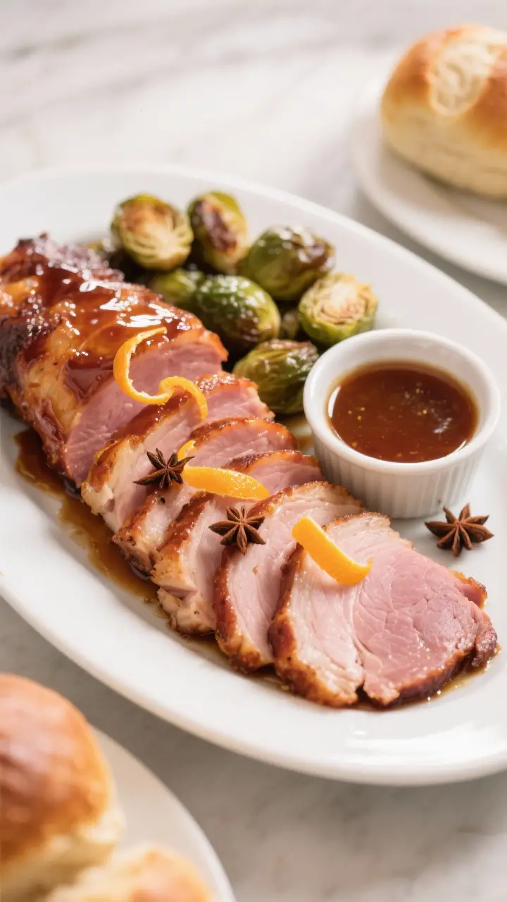 Final dish presentation: Restaurant-quality platter of sliced honey baked ham fanned on a white oval