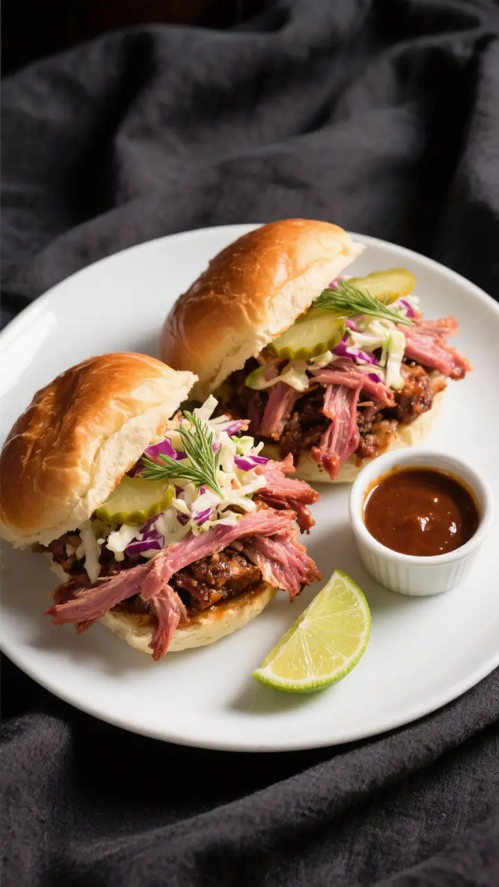 Final dish presentation: Restaurant-quality sandwich plate—pulled pork piled high on toasted brioc