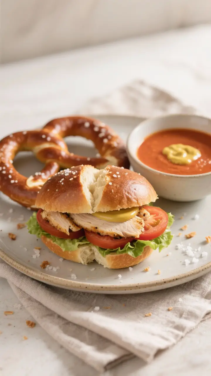 Final dish presentation: Restaurant-quality sandwich on a split pretzel roll, showing the chewy, sof