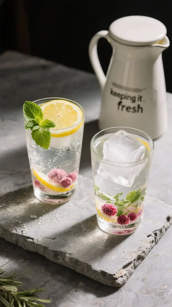 Final dish presentation: Restaurant-quality serving scene with two highball glasses filled with fres