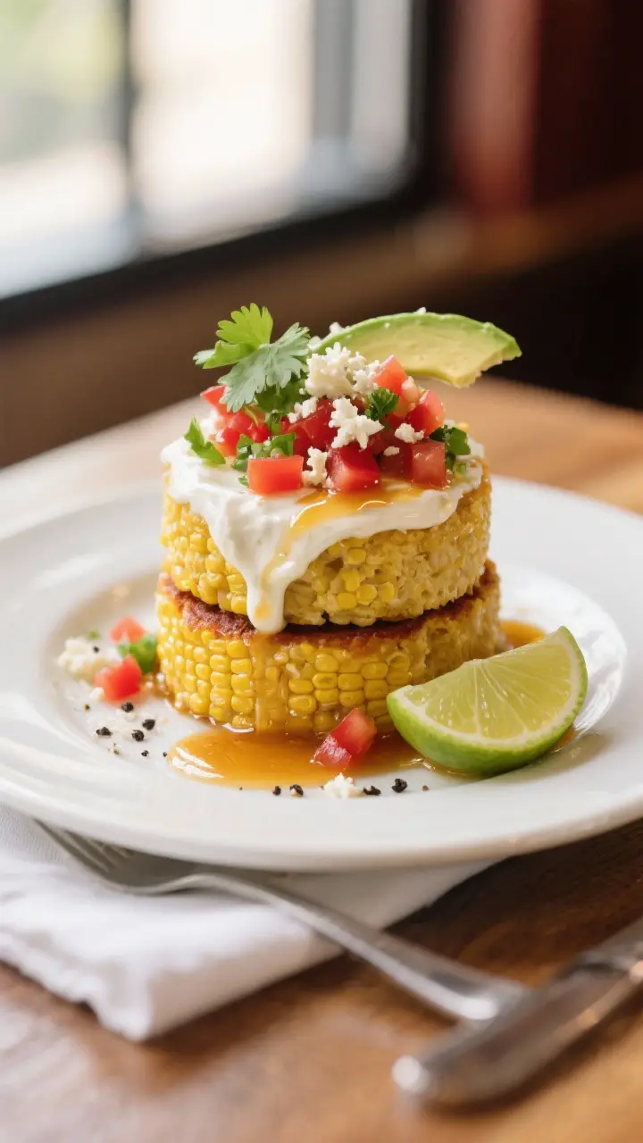 Final dish presentation: Restaurant-style plated sweet corn tamale cakes stacked in a slight offset 