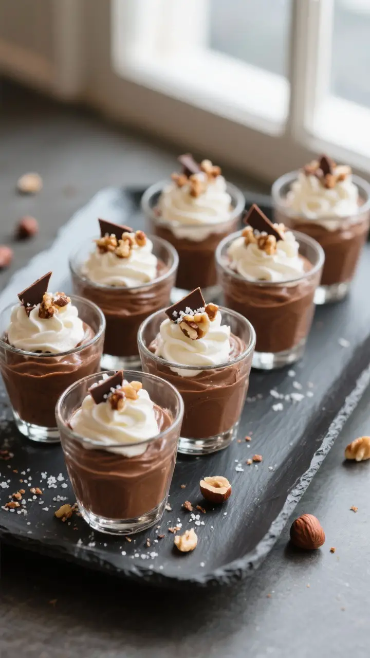 Final dish presentation: Restaurant-worthy Nutella mousse portioned into six small clear glasses, ea