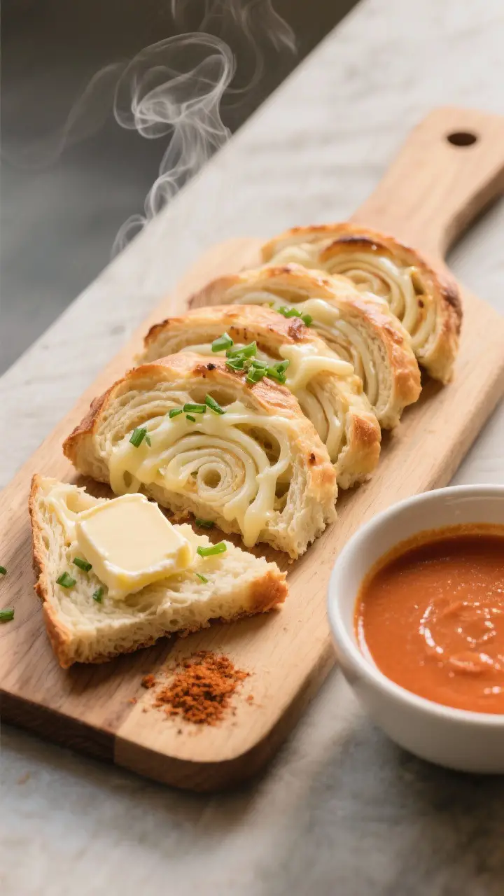 Final dish presentation: Sliced Ribbon-Cheese Bread on a wooden board, 4–5 even slices fanned to s