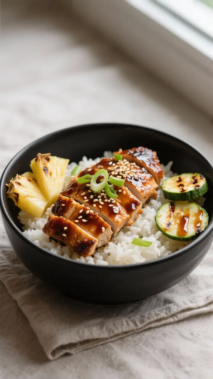 Final dish presentation: Sliced teriyaki chicken breasts arranged fan-style over fluffy steamed whit