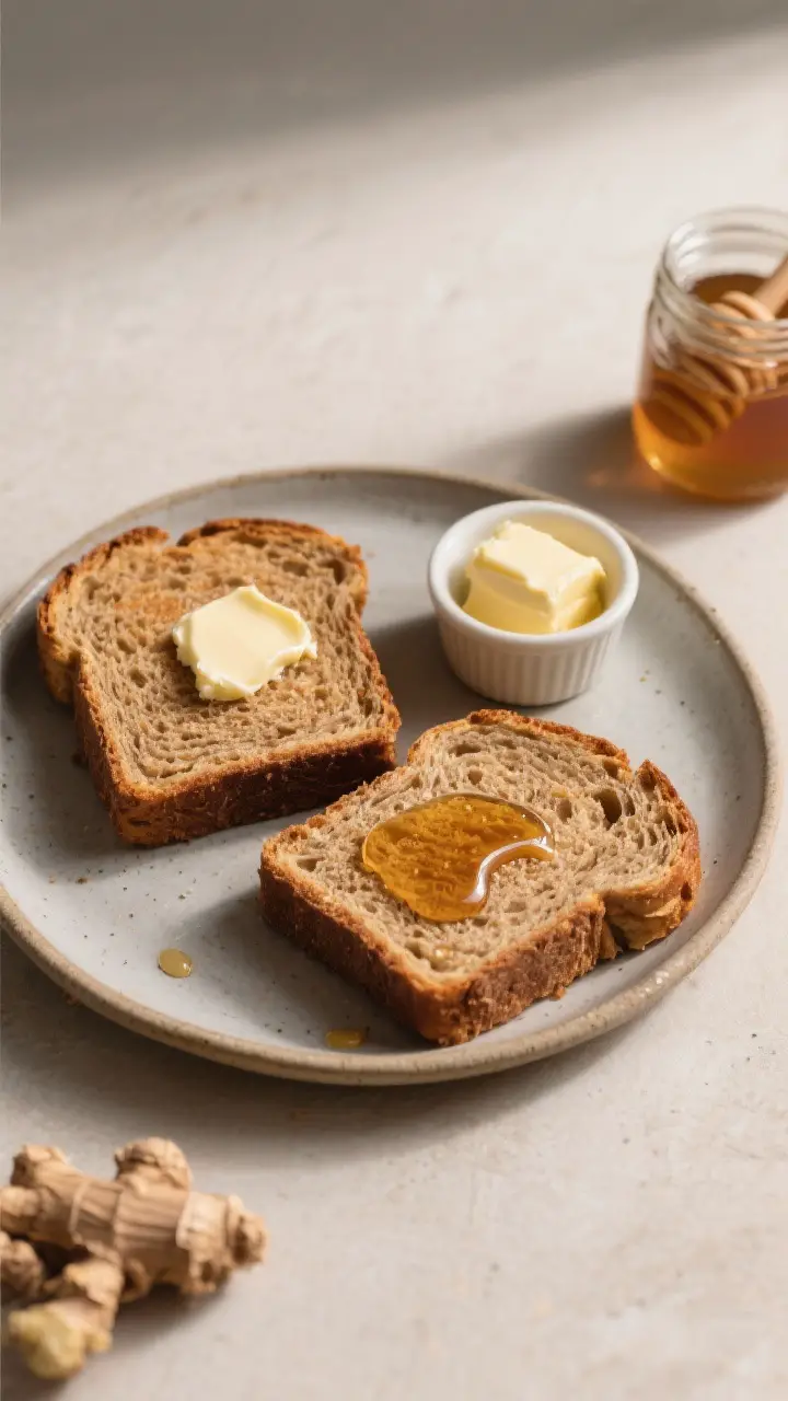 Final dish presentation: Slices of Ginger Brown Yeast Bread arranged on a matte ceramic plate with o