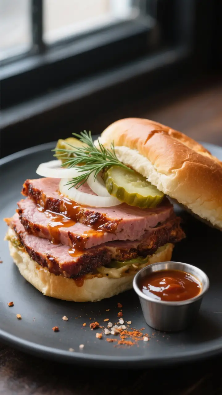 Final dish presentation: Thick-cut smoked bologna sandwich on a soft bun, 1/4–1/2 inch seared slic