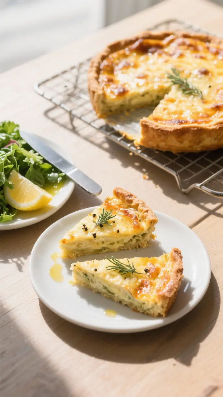 Final dish presentation: Top-down brunch scene of the fully baked quiche on a cooling rack, top deep