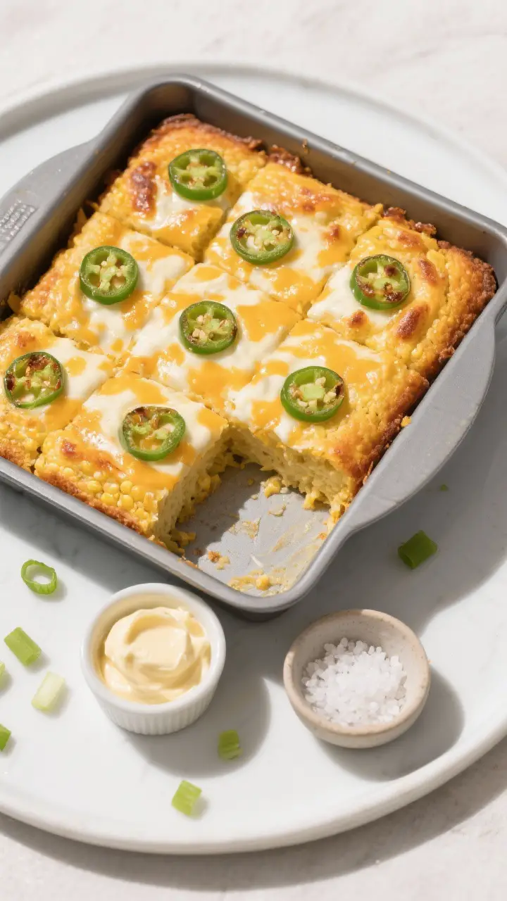 Final dish presentation (variation): Top-down shot of Jalapeño Cheddar sour cream corn bread baked 