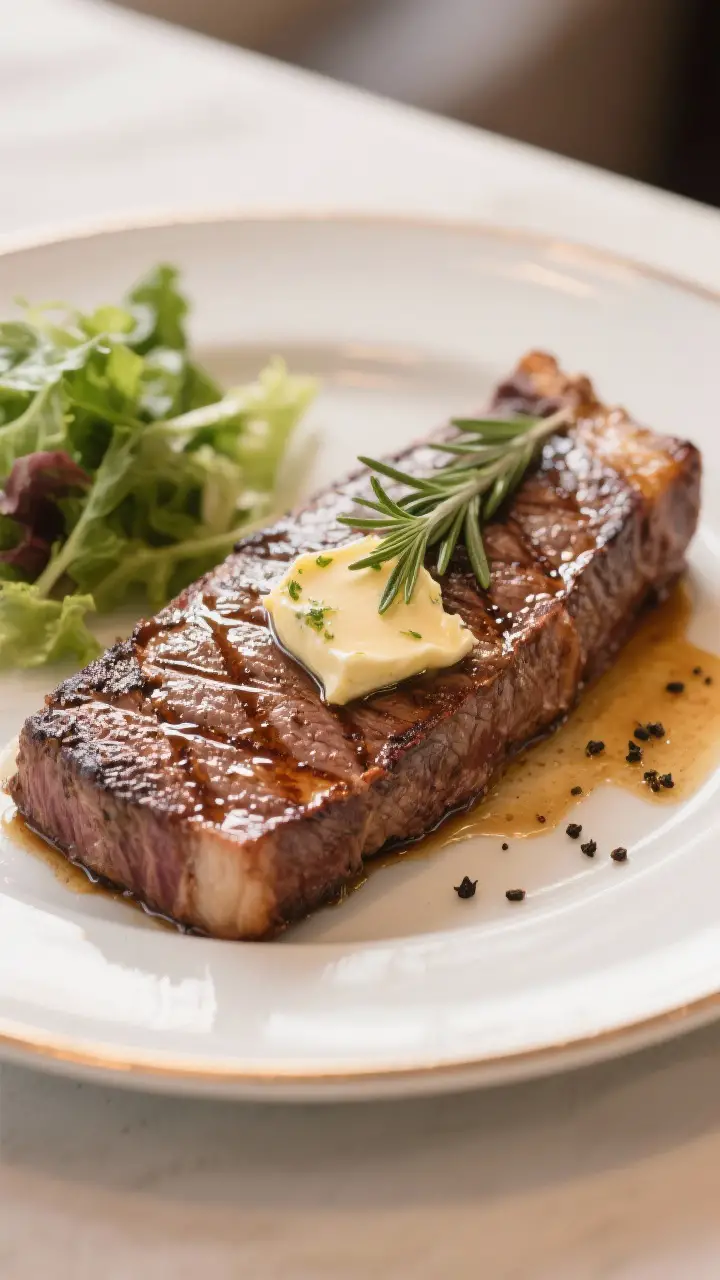 Final dish presentation: Whole strip steak plated restaurant-style, glossy butter-basted surface wit
