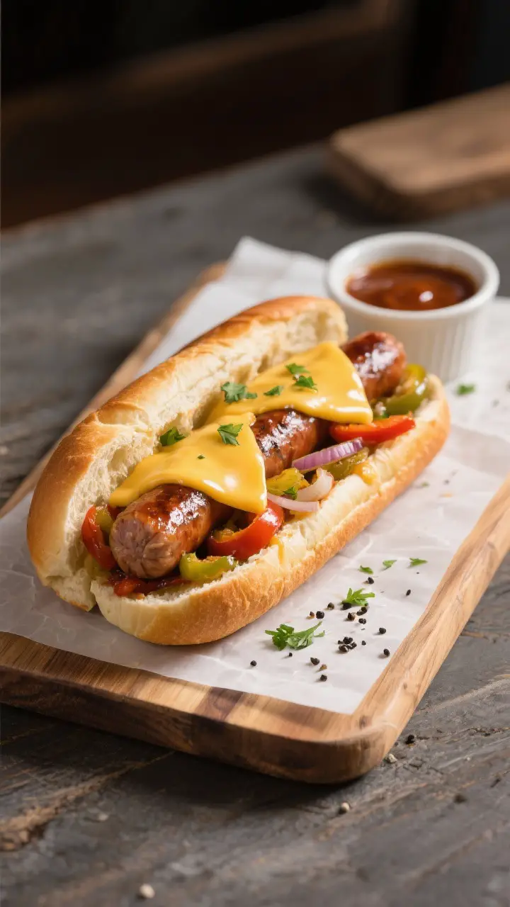 Final dish sandwich presentation: Beautifully plated sausage and peppers hoagie on a rustic wooden b