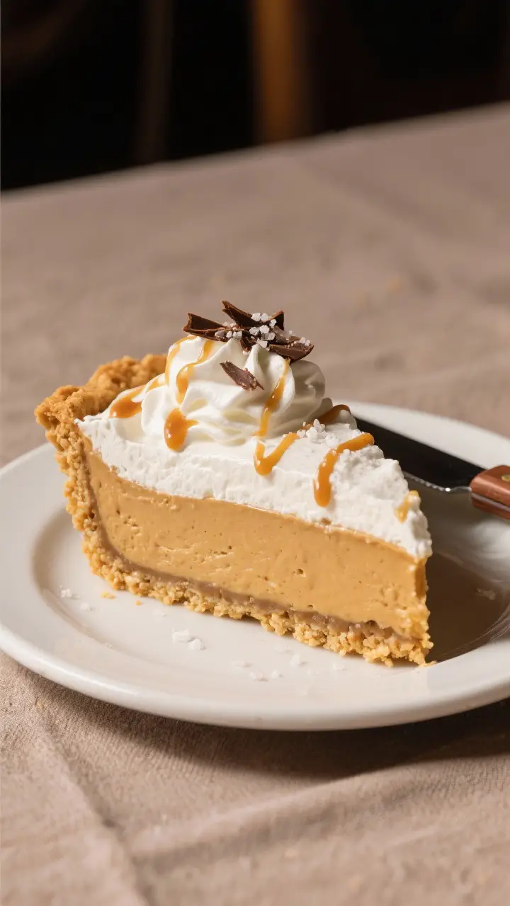 Final dish slice: A chilled slice of Coffee Scotch Whip Pie on a small white ceramic plate, layers c