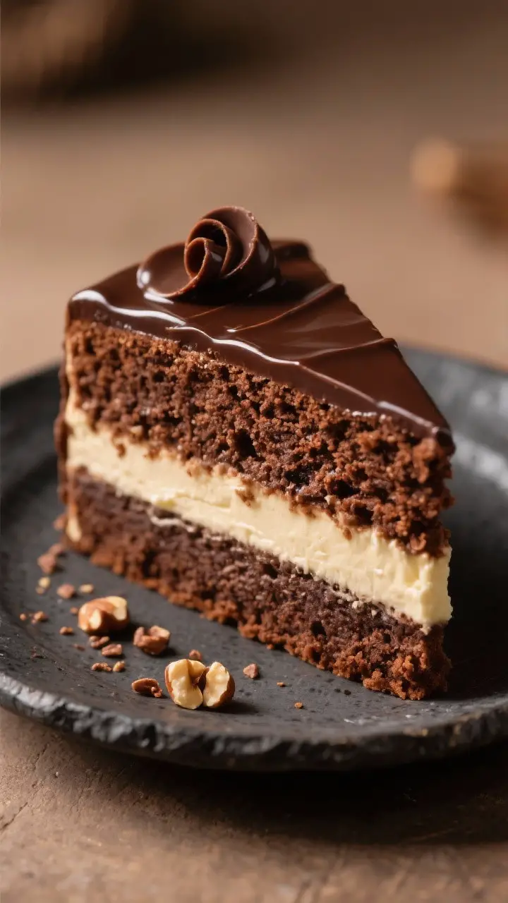 Final dish slice reveal: A single, generous slice of Choco Bon Bon Cake on a small dark stoneware pl