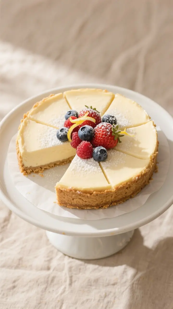 Final dish, tasty top view: Overhead shot of a perfectly set cheesecake sliced cleanly, each wedge s