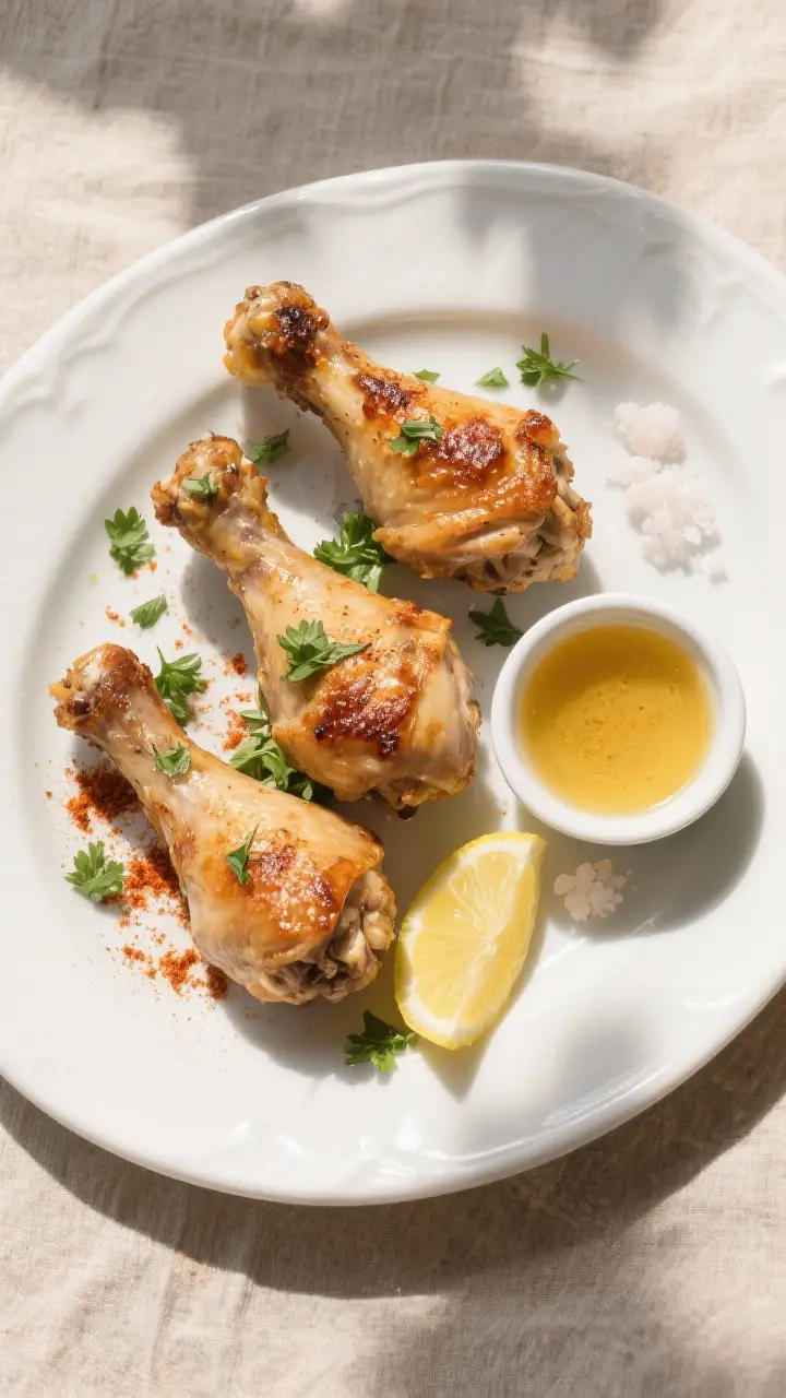 Final dish, tasty top view: Overhead shot of plated boiled chicken drumsticks finished under the bro