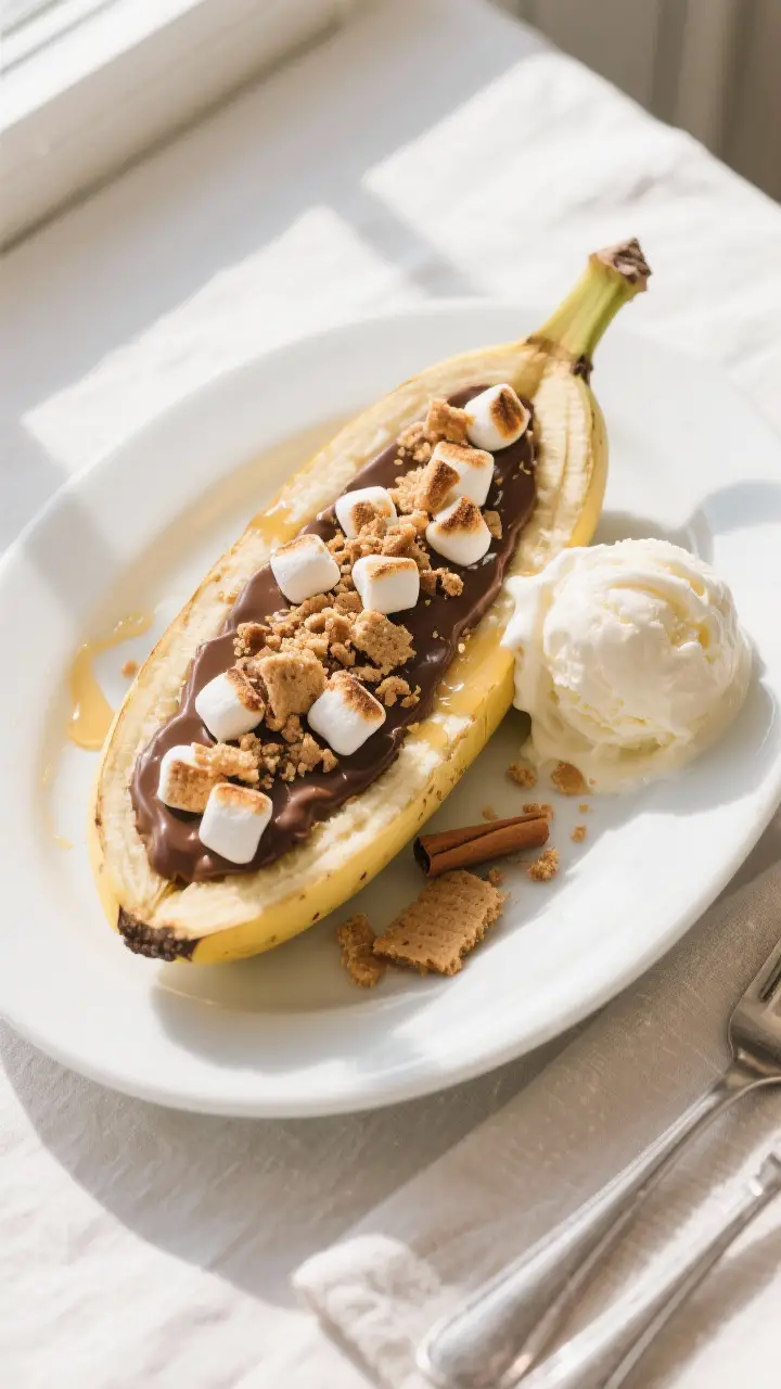 Final dish top-down: Overhead shot of a plated S’mores Banana Boat served in its peel on a white o