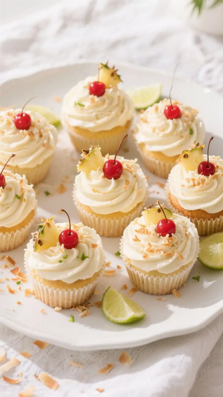 Final dish, top-down: Overhead shot of a platter of finished piña colada cupcakes—swirls of pale 