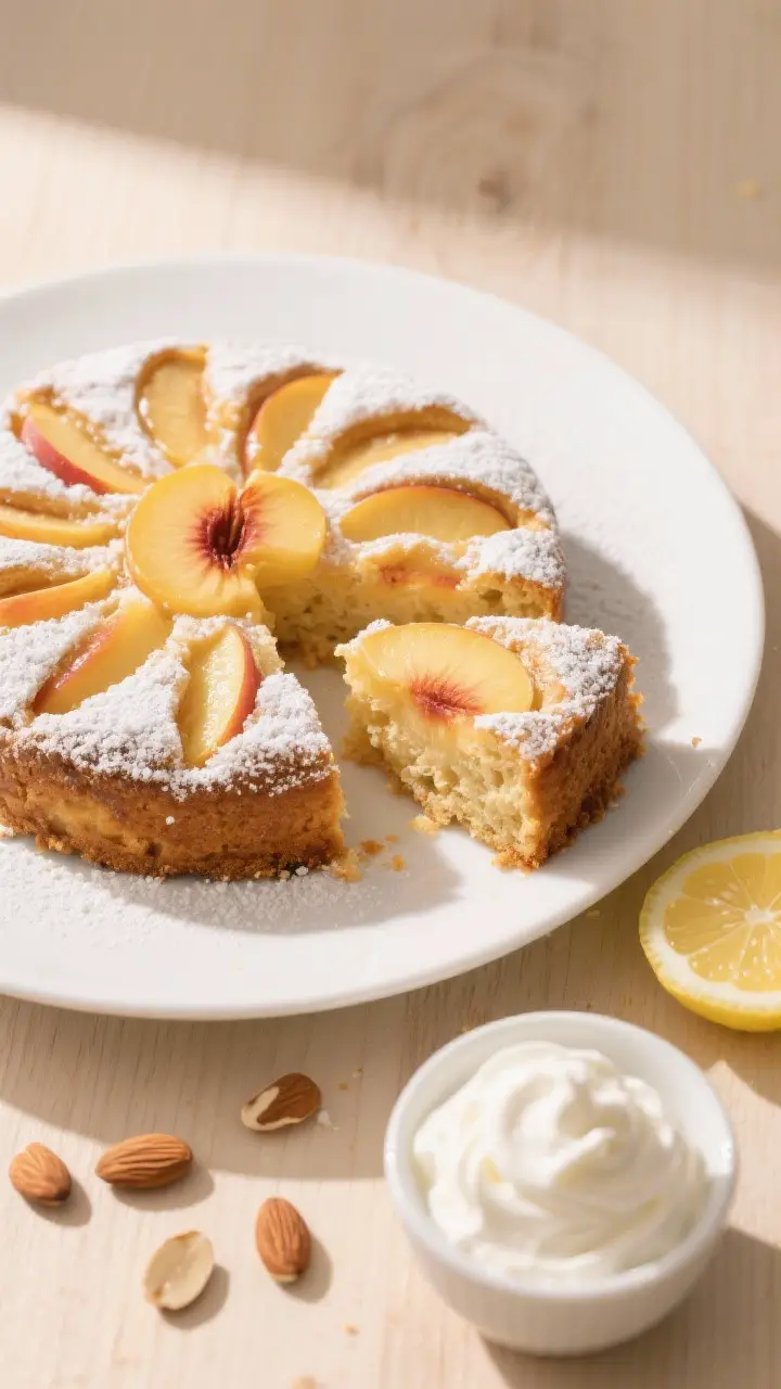 Final dish, top-down: Whole Peek-a-boo Peachcake on a simple white plate, peaches radiating in a sun