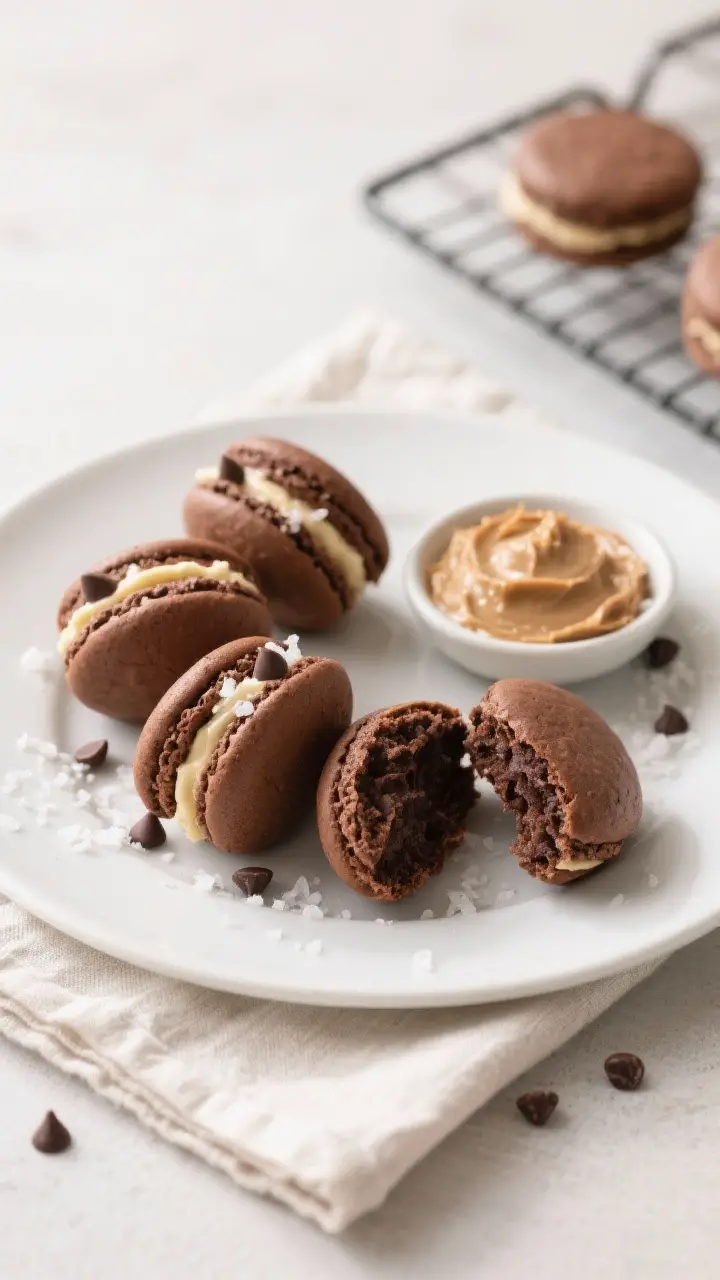 Final dish top view: Finished chocolate whoopie pies neatly arranged on a matte white platter, edges